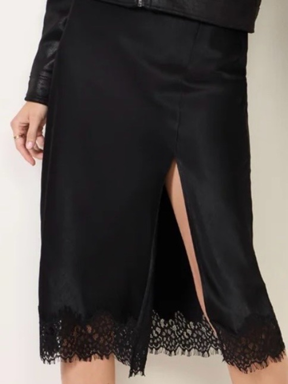 Evereve Black Satin Midi Skirt with Lace Hem and Front Slit